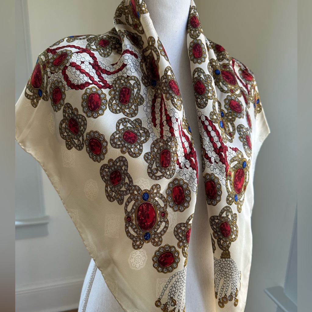 Chanel Jewel Motif Cream And Red Silk Scarf